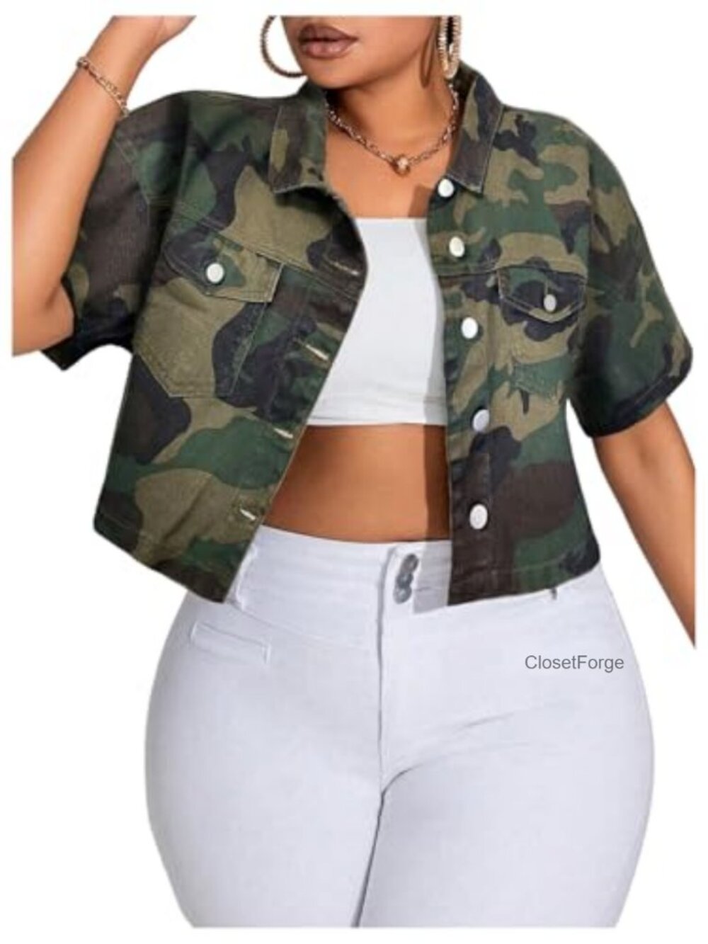 Plus Size Camo Print Crop Denim Jacket Button Down Short Sleeve Jean Coat